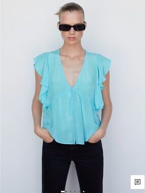 MANGO Turquoise Ruffle Blouse